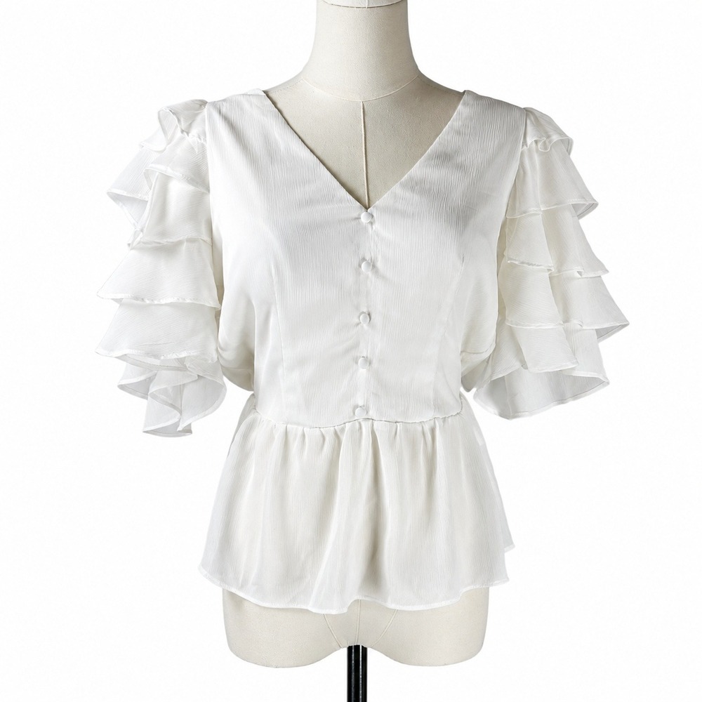 Milk & Honey Women's Blouse V-Neck Ruffle Flutter Sleeve Peplum White S Coquette
